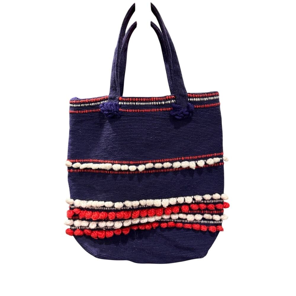 Vintage Arrowcraft shop earthy handwoven Stylish Navy Tote with Pom-Pom Details